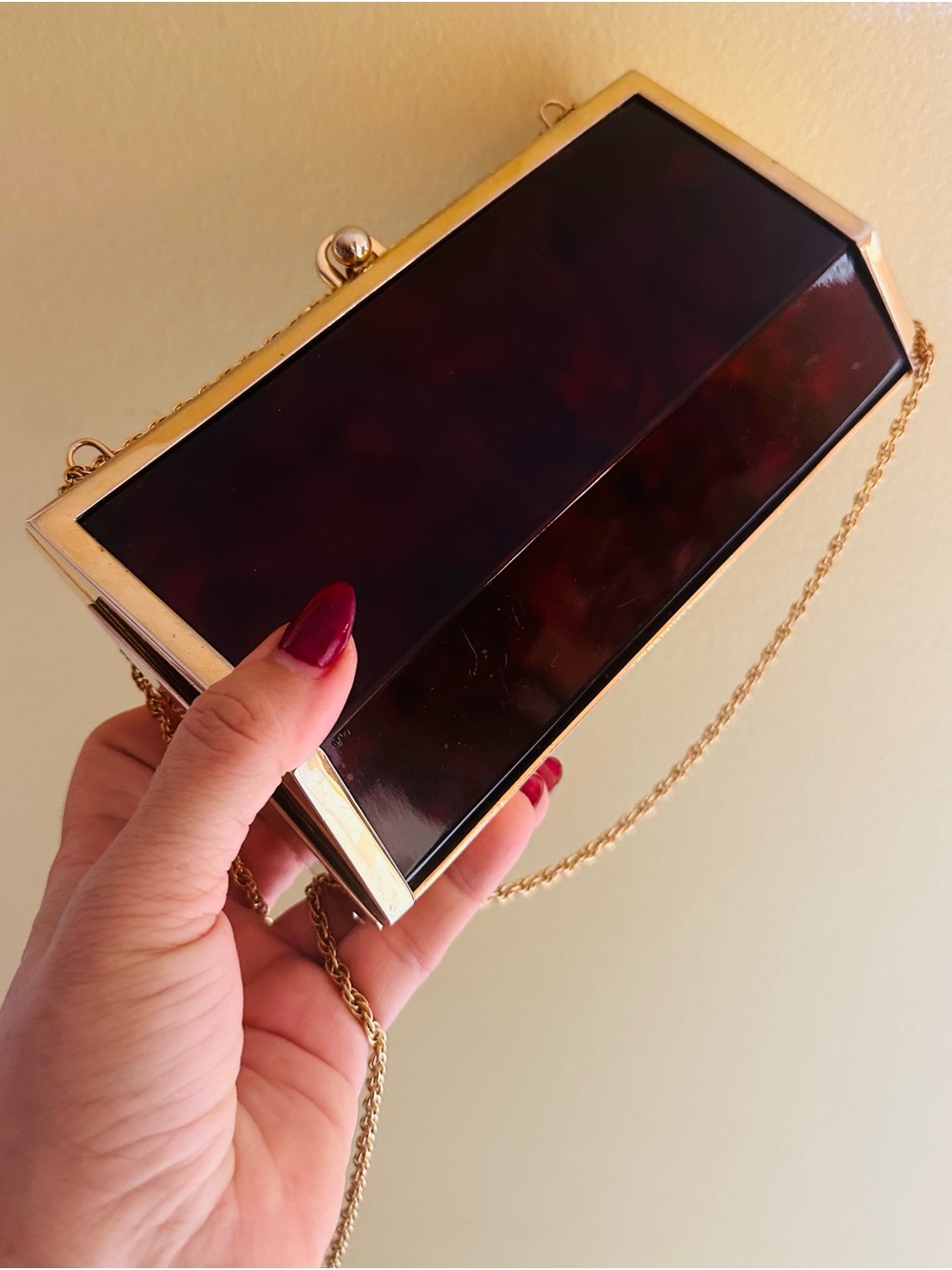 Vintage Lucite/Tortoiseshell Minaudière Evening Clutch Ca. 1960–1970s Gold Chain
